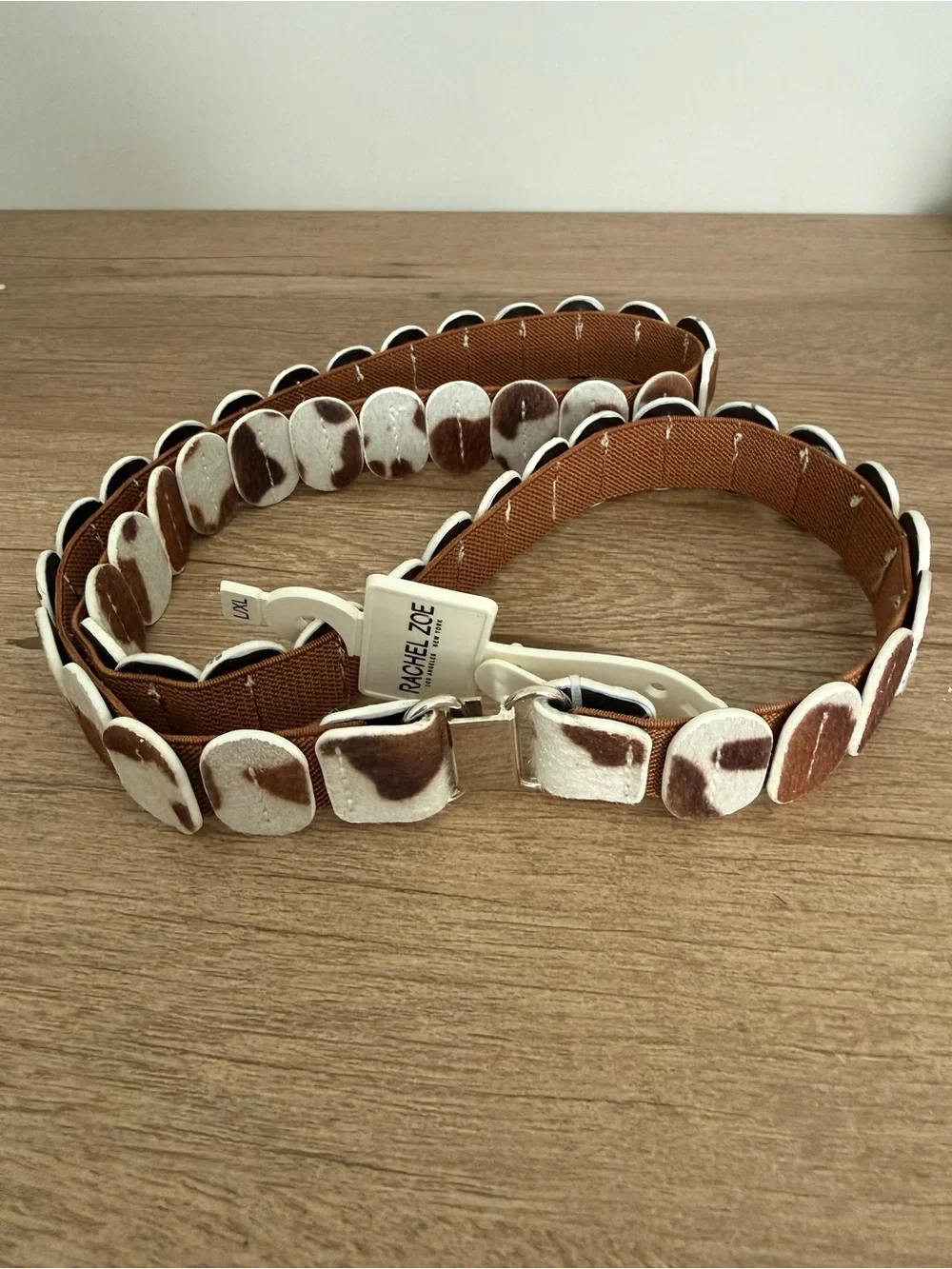 Rachel Zoe Brown and White Cowhide Accent Belt with Silver Buckle. L/XL